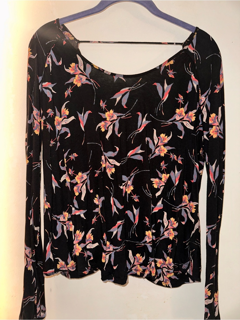 Free People Open Back Black Floral Long-Sleeve Scoop Neck Top